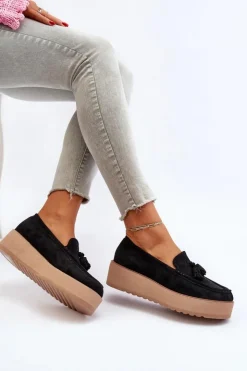 Damskie Boto Mokasyny Damskie Na Platformie Z Frędzlami Czarne Mialani