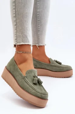 Boto Mokasyny Na Platformie|Mokasyny Damskie Zamszowe*Mokasyny Damskie Na Platformie Z Frędzlami Zielone Mialani