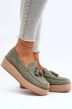 Boto Mokasyny Na Platformie|Mokasyny Damskie Zamszowe*Mokasyny Damskie Na Platformie Z Frędzlami Zielone Mialani
