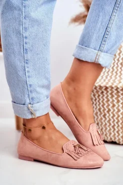 Sale Boto Mokasyny Damskie Różowe Lordsy Frędzle Therese