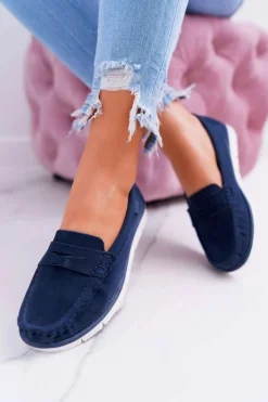 Hot Damskie buty S.Barski Mokasyny Damskie Skóra Zamszowa Granatowe Lauren