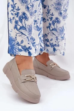 Buty damskie Vinceza Loafersy Damskie|Mokasyny Damskie Skórzane*Mokasyny Damskie Skórzane Ze Złotym Detalem Vinceza 88007 Ciemnobeżowe Beżowy