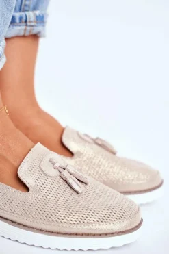 Sale Evento Mokasyny Damskie Skórzane Złote Amore Mio