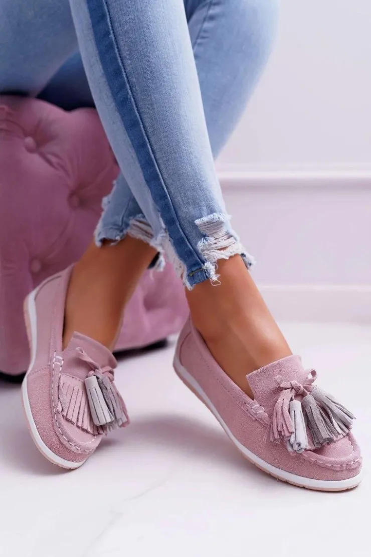 Evento Mokasyny Damskie Zamszowe*Mokasyny Damskie Skórzane Zamszowe Z Frędzlami Różowe Batist