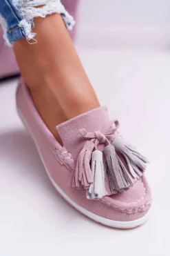 Evento Mokasyny Damskie Zamszowe*Mokasyny Damskie Skórzane Zamszowe Z Frędzlami Różowe Batist