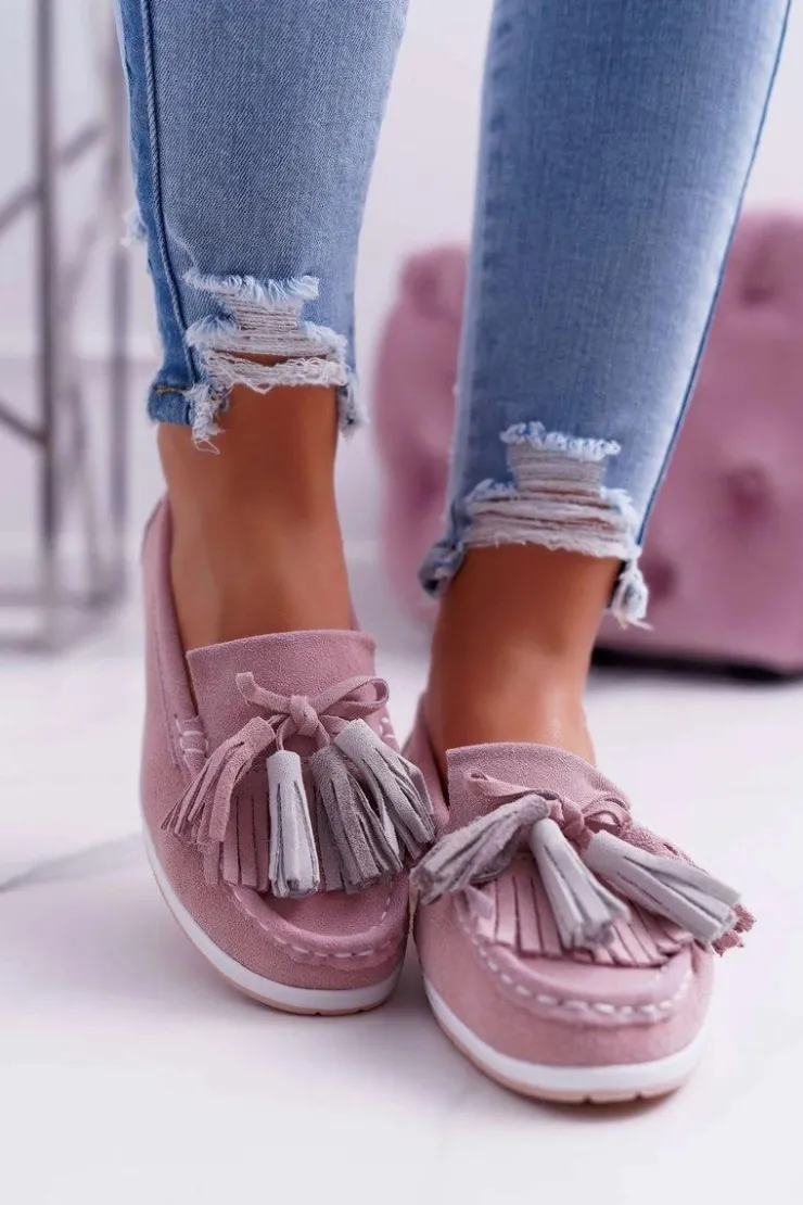 Evento Mokasyny Damskie Zamszowe*Mokasyny Damskie Skórzane Zamszowe Z Frędzlami Różowe Batist