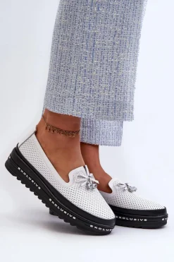 Damskie buty S.Barski Loafersy Damskie|Mokasyny Damskie Skórzane*Mokasyny Damskie Skórzane Na Platformie S.Barski LR400 Białe Biały