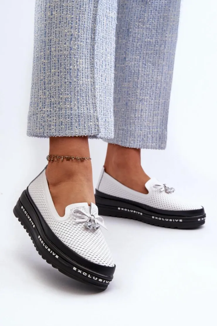 Damskie buty S.Barski Loafersy Damskie|Mokasyny Damskie Skórzane*Mokasyny Damskie Skórzane Na Platformie S.Barski LR400 Białe Biały