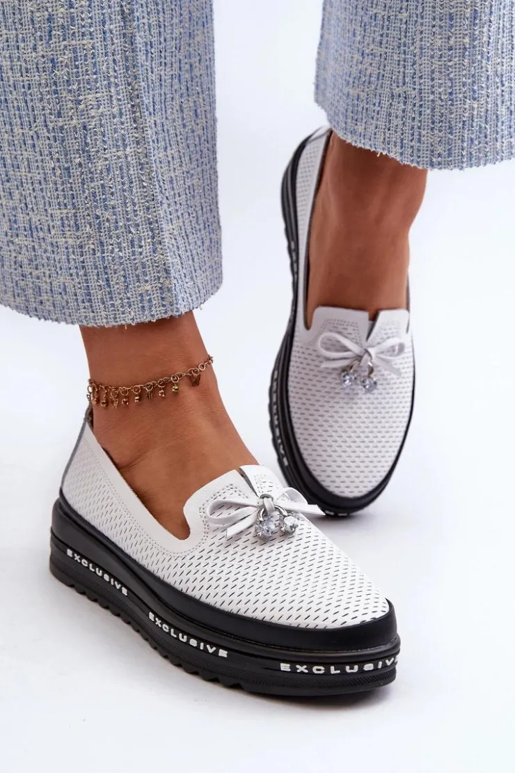 Damskie buty S.Barski Loafersy Damskie|Mokasyny Damskie Skórzane*Mokasyny Damskie Skórzane Na Platformie S.Barski LR400 Białe Biały