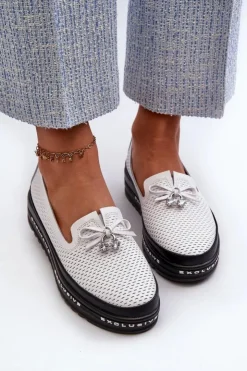 Damskie buty S.Barski Loafersy Damskie|Mokasyny Damskie Skórzane*Mokasyny Damskie Skórzane Na Platformie S.Barski LR400 Białe Biały