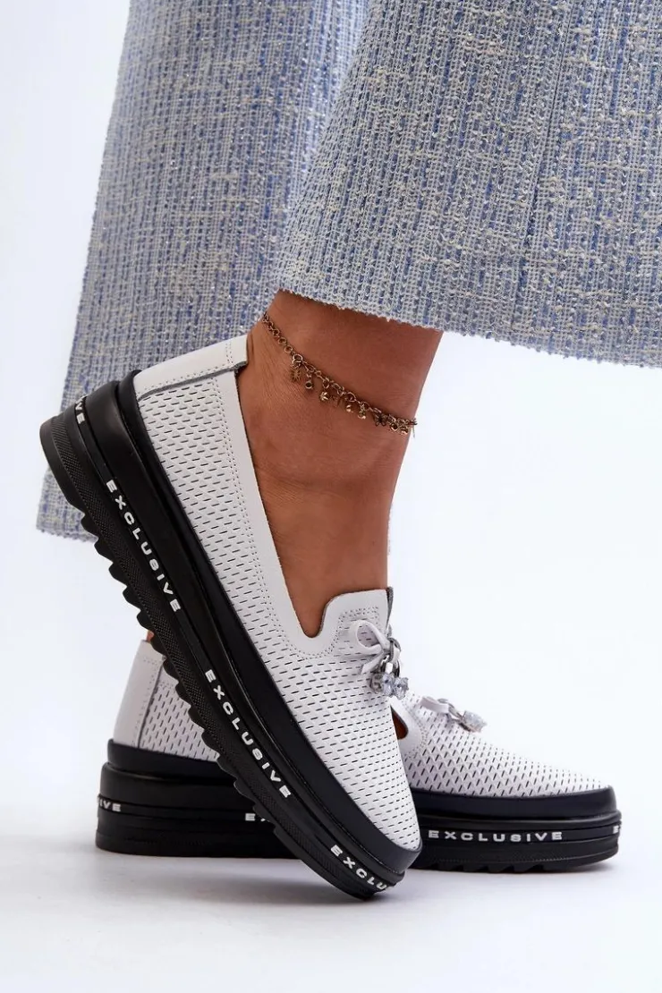 Damskie buty S.Barski Loafersy Damskie|Mokasyny Damskie Skórzane*Mokasyny Damskie Skórzane Na Platformie S.Barski LR400 Białe Biały