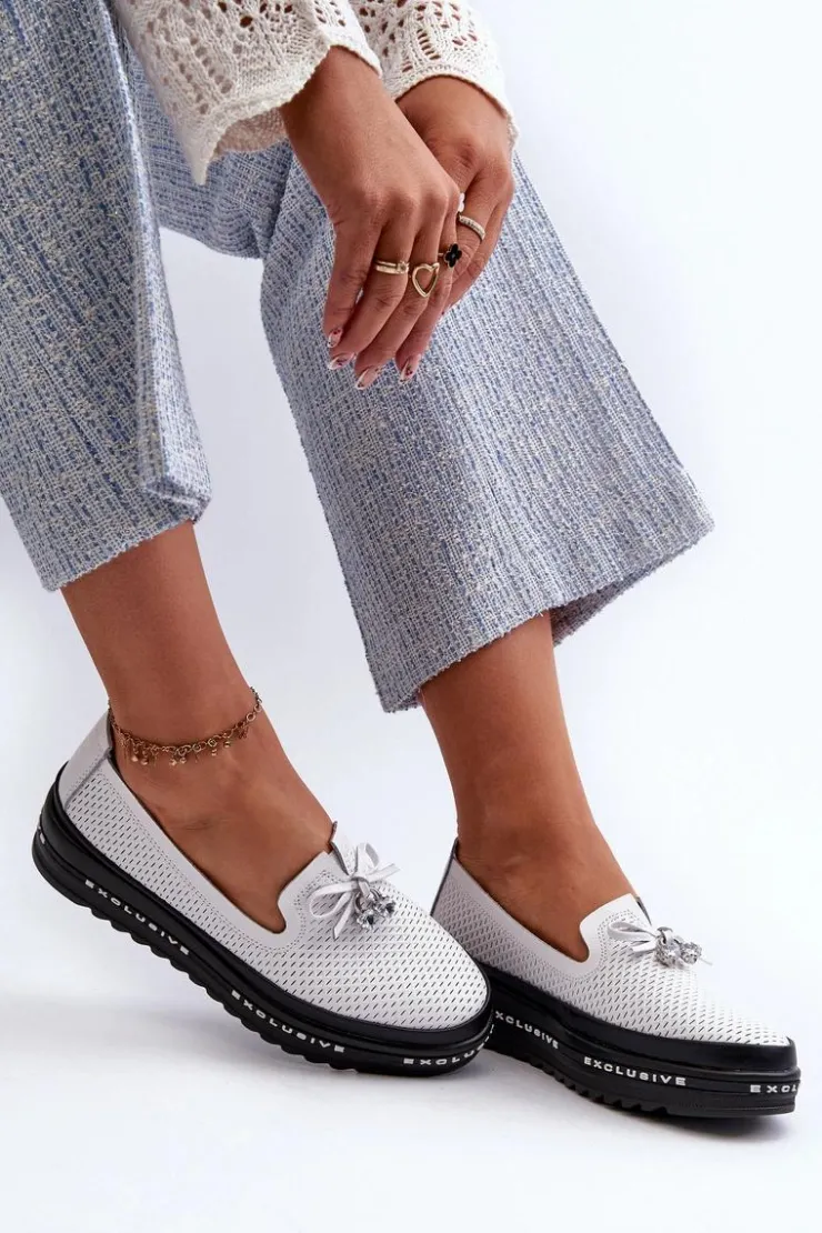 Damskie buty S.Barski Loafersy Damskie|Mokasyny Damskie Skórzane*Mokasyny Damskie Skórzane Na Platformie S.Barski LR400 Białe Biały