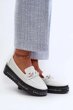 Sale Damskie buty S.Barski Mokasyny Damskie Skórzane Na Platformie Z Łańcuchem S.Barski LR618 Białe Biały