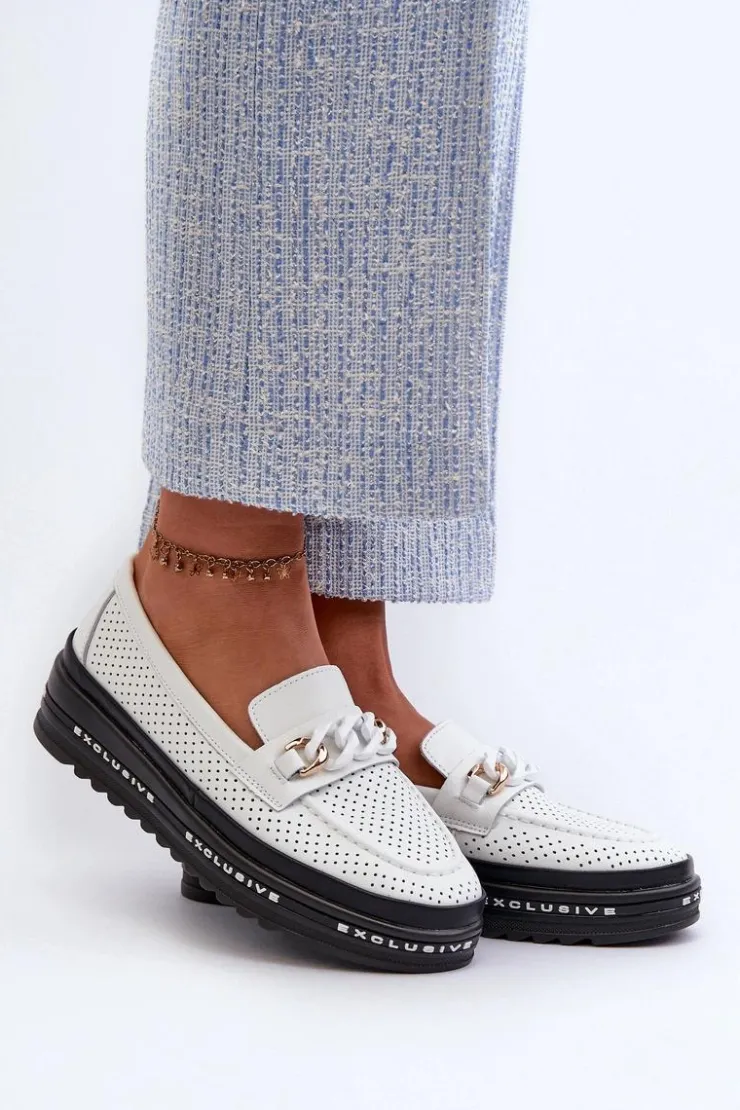 Sale Damskie buty S.Barski Mokasyny Damskie Skórzane Na Platformie Z Łańcuchem S.Barski LR618 Białe Biały