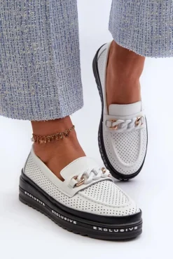 Sale Damskie buty S.Barski Mokasyny Damskie Skórzane Na Platformie Z Łańcuchem S.Barski LR618 Białe Biały