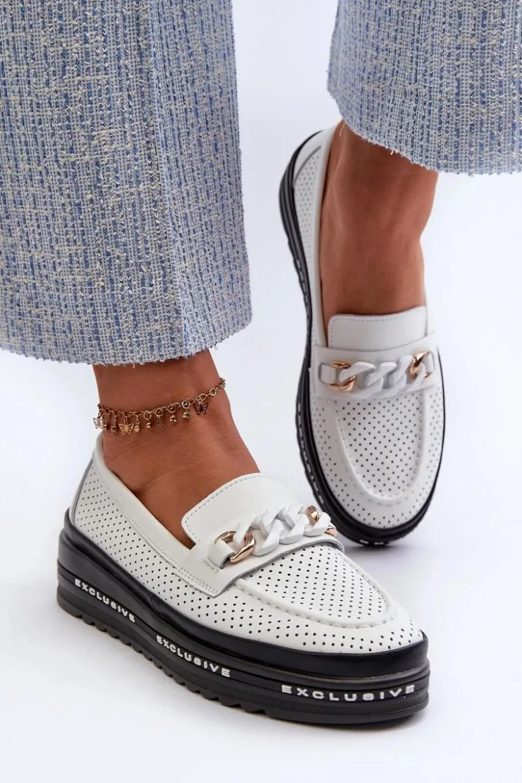 Sale Damskie buty S.Barski Mokasyny Damskie Skórzane Na Platformie Z Łańcuchem S.Barski LR618 Białe Biały