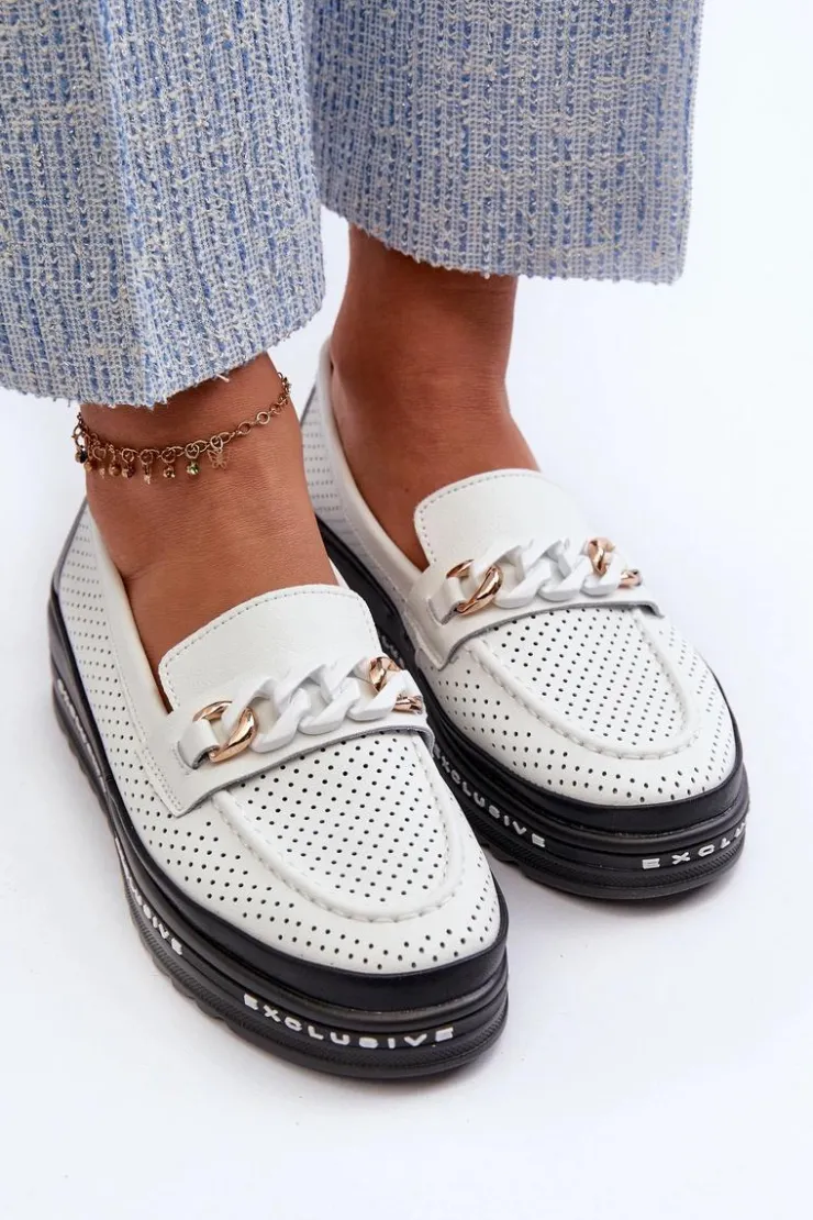 Sale Damskie buty S.Barski Mokasyny Damskie Skórzane Na Platformie Z Łańcuchem S.Barski LR618 Białe Biały