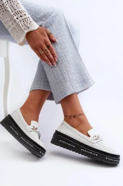 Sale Damskie buty S.Barski Mokasyny Damskie Skórzane Na Platformie Z Łańcuchem S.Barski LR618 Białe Biały