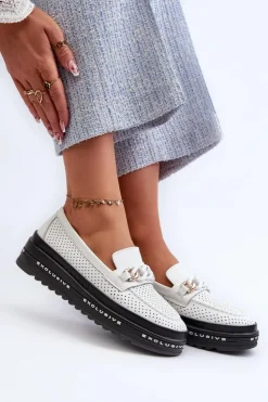 Sale Damskie buty S.Barski Mokasyny Damskie Skórzane Na Platformie Z Łańcuchem S.Barski LR618 Białe Biały
