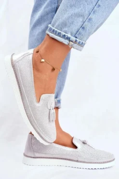 Evento Mokasyny Damskie Skórzane*Mokasyny Damskie Skórzane Srebrne Amore Mio