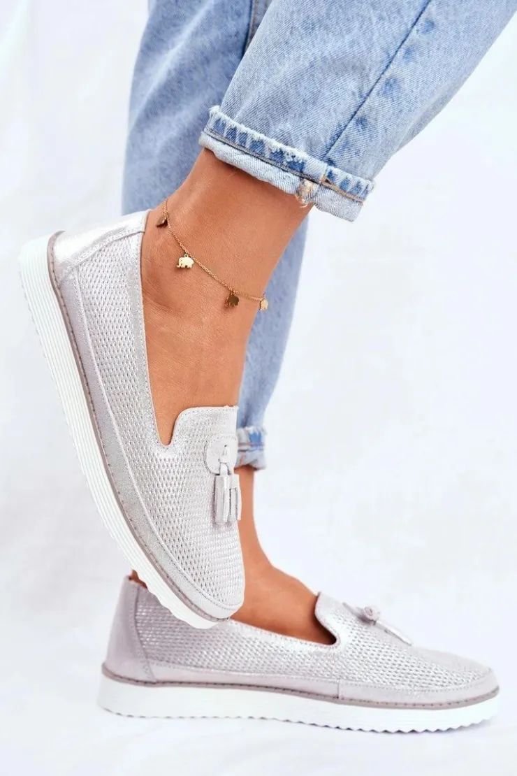 Evento Mokasyny Damskie Skórzane*Mokasyny Damskie Skórzane Srebrne Amore Mio