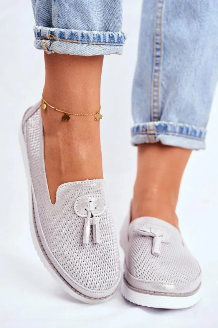 Evento Mokasyny Damskie Skórzane*Mokasyny Damskie Skórzane Srebrne Amore Mio