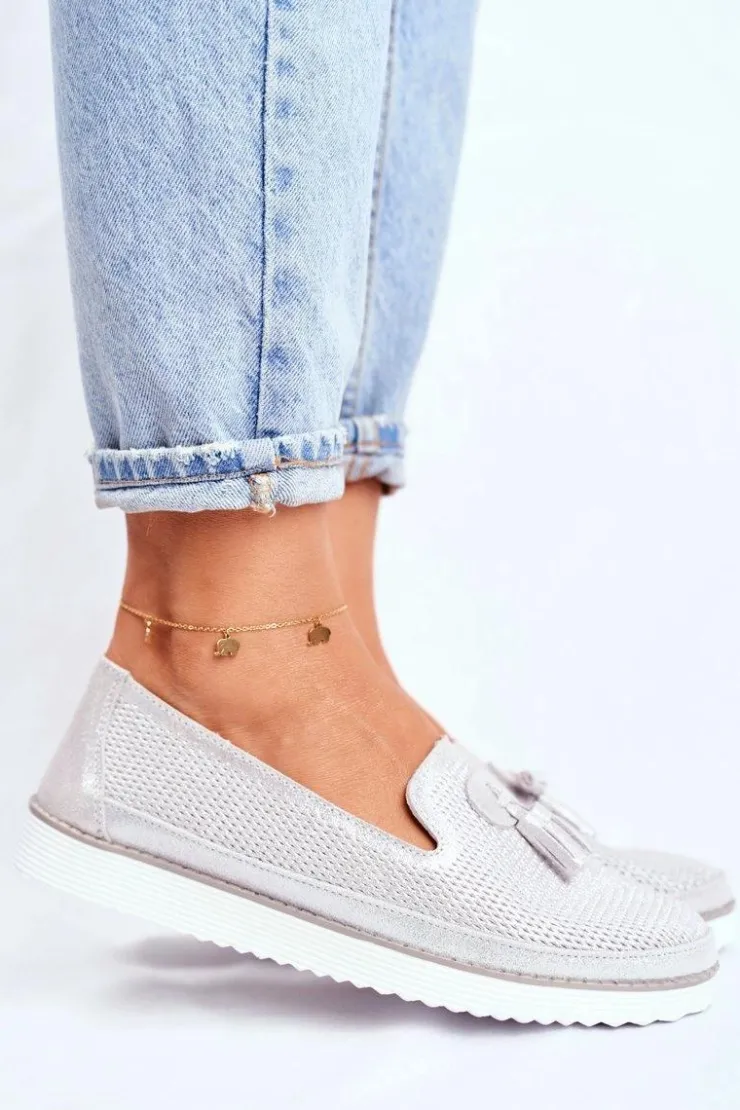 Evento Mokasyny Damskie Skórzane*Mokasyny Damskie Skórzane Srebrne Amore Mio