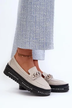 Damskie Damskie buty S.Barski Mokasyny Damskie Skórzane Na Platformie Z Łańcuchem S.Barski LR618 Beżowe