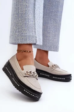 Damskie Damskie buty S.Barski Mokasyny Damskie Skórzane Na Platformie Z Łańcuchem S.Barski LR618 Beżowe