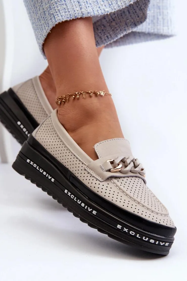 Damskie Damskie buty S.Barski Mokasyny Damskie Skórzane Na Platformie Z Łańcuchem S.Barski LR618 Beżowe