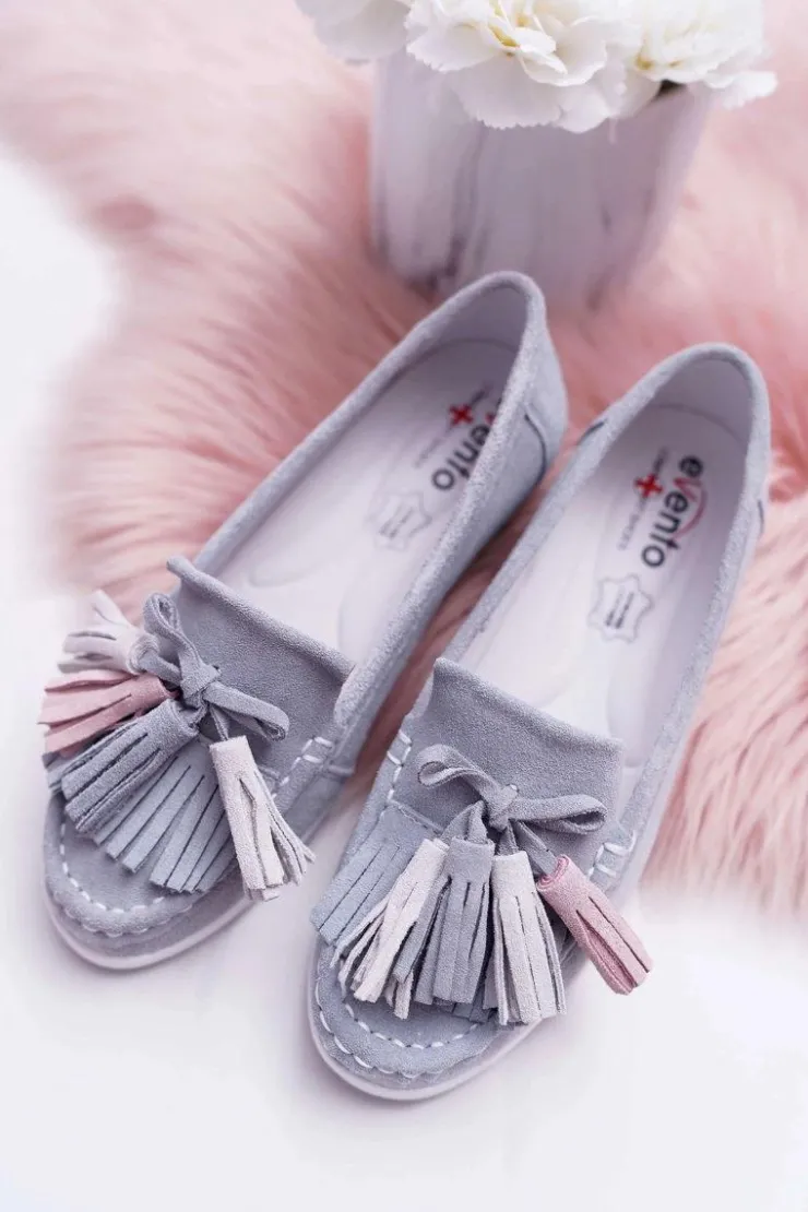 Damskie Evento Mokasyny Damskie Skórzane Zamszowe Z Frędzlami Szare Batist