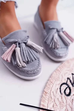 Damskie Evento Mokasyny Damskie Skórzane Zamszowe Z Frędzlami Szare Batist