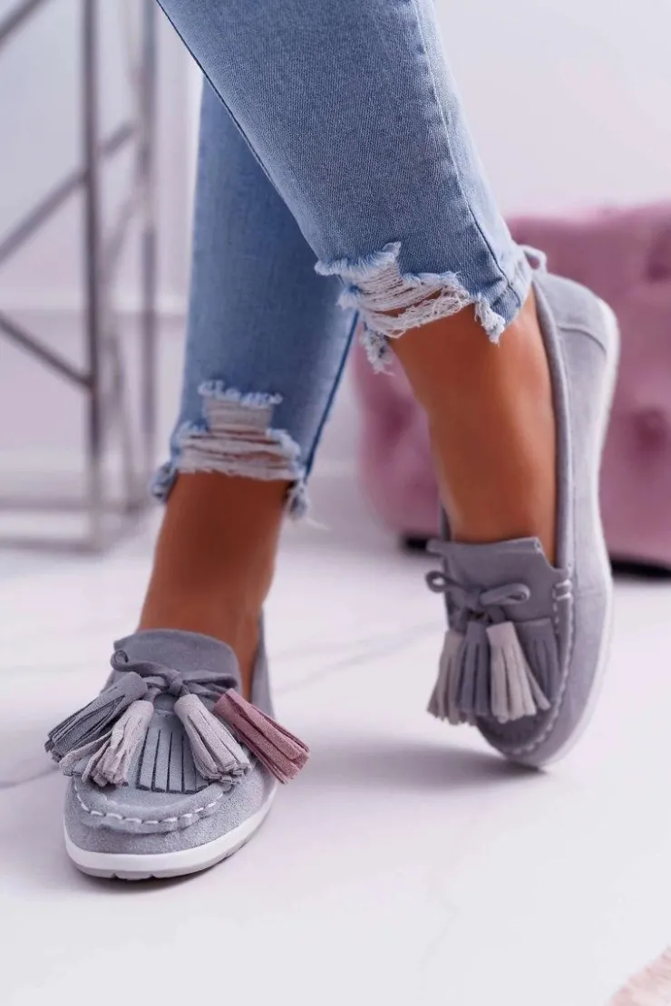 Damskie Evento Mokasyny Damskie Skórzane Zamszowe Z Frędzlami Szare Batist