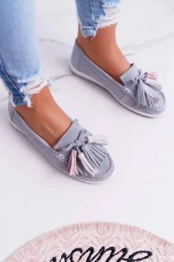 Damskie Evento Mokasyny Damskie Skórzane Zamszowe Z Frędzlami Szare Batist