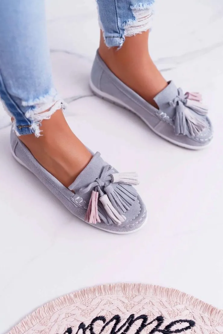 Damskie Evento Mokasyny Damskie Skórzane Zamszowe Z Frędzlami Szare Batist