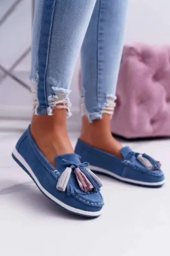 Evento Mokasyny Damskie Zamszowe*Mokasyny Damskie Skórzane Zamszowe Z Frędzlami Niebieskie Batist