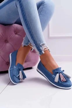 Evento Mokasyny Damskie Zamszowe*Mokasyny Damskie Skórzane Zamszowe Z Frędzlami Niebieskie Batist