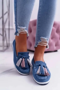 Evento Mokasyny Damskie Zamszowe*Mokasyny Damskie Skórzane Zamszowe Z Frędzlami Niebieskie Batist