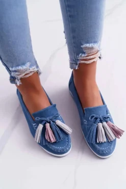 Evento Mokasyny Damskie Zamszowe*Mokasyny Damskie Skórzane Zamszowe Z Frędzlami Niebieskie Batist