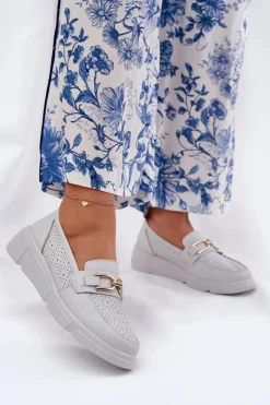 Damskie Buty damskie Vinceza Mokasyny Damskie Skórzane Ze Złotym Detalem Vinceza 88007 Jasnoszare