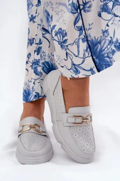 Damskie Buty damskie Vinceza Mokasyny Damskie Skórzane Ze Złotym Detalem Vinceza 88007 Jasnoszare