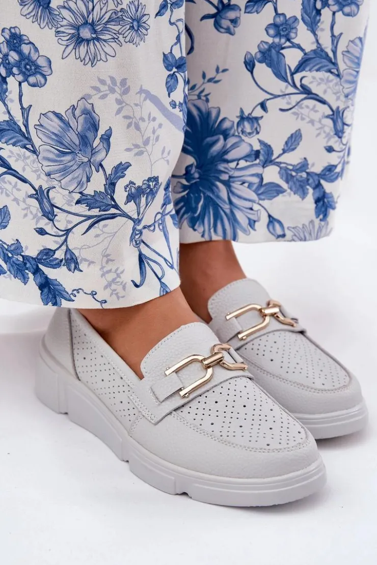 Damskie Buty damskie Vinceza Mokasyny Damskie Skórzane Ze Złotym Detalem Vinceza 88007 Jasnoszare