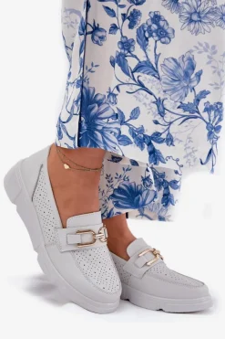 Damskie Buty damskie Vinceza Mokasyny Damskie Skórzane Ze Złotym Detalem Vinceza 88007 Jasnoszare