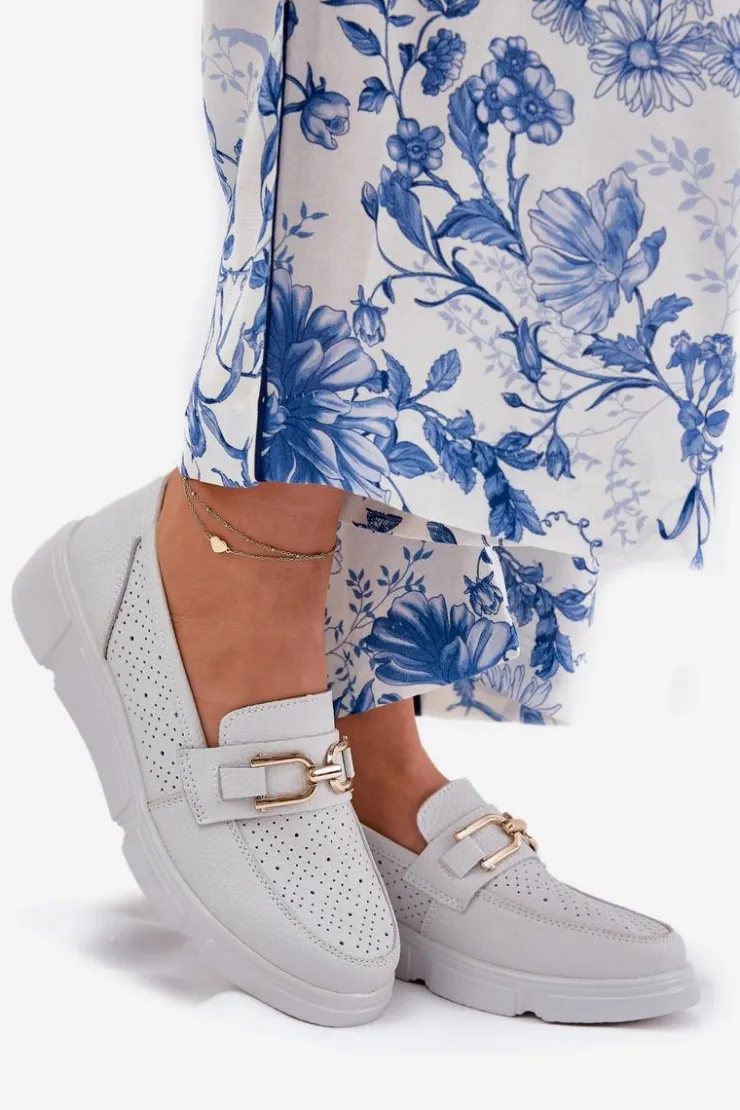 Damskie Buty damskie Vinceza Mokasyny Damskie Skórzane Ze Złotym Detalem Vinceza 88007 Jasnoszare