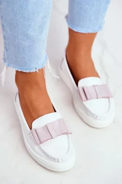 Outlet Damskie buty S.Barski Mokasyny Damskie Skórzane Biało Różowe Lovren