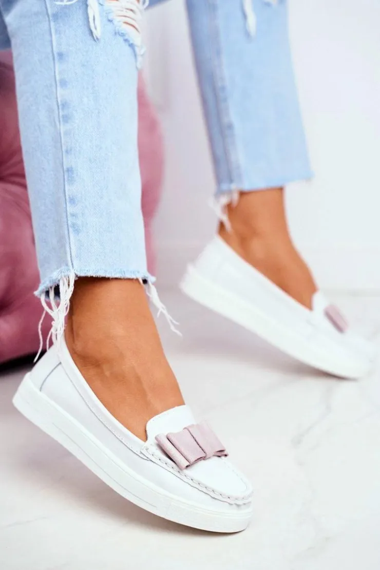 Outlet Damskie buty S.Barski Mokasyny Damskie Skórzane Biało Różowe Lovren