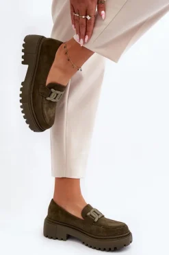 Damskie Boto Mokasyny Damskie Z Łańcuchem Ciemnozielone Mevre