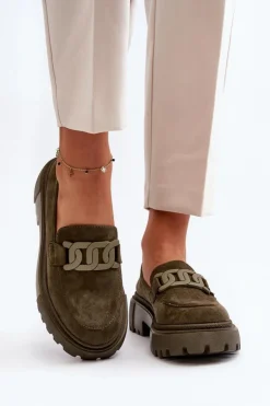 Damskie Boto Mokasyny Damskie Z Łańcuchem Ciemnozielone Mevre