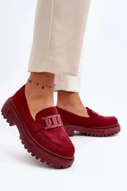 Outlet Boto Mokasyny Damskie Z Łańcuchem Bordowe Mevre