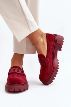 Outlet Boto Mokasyny Damskie Z Łańcuchem Bordowe Mevre
